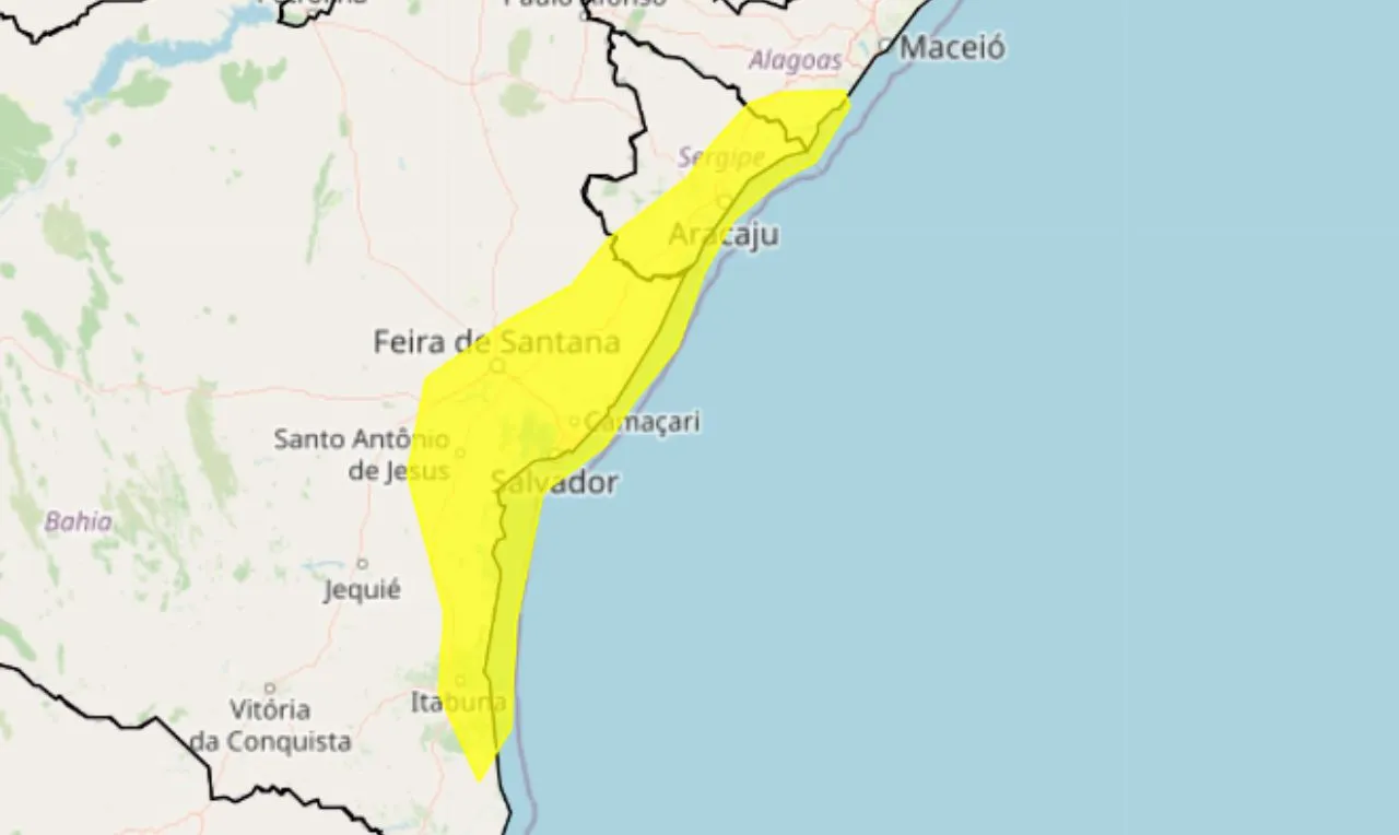 A imagem mostra as áreas em alerta para chuva intensa